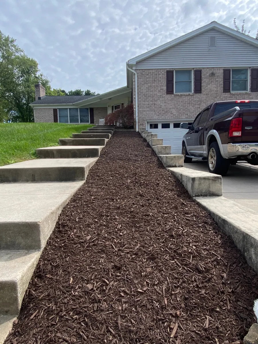 After: the same bed along the front steps is weed-free with fresh mulch